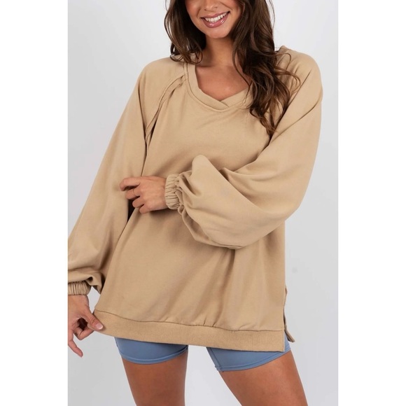 POL Mocha Criss Cross Back Slouchy French Terry Pullover - Picture 6 of 12